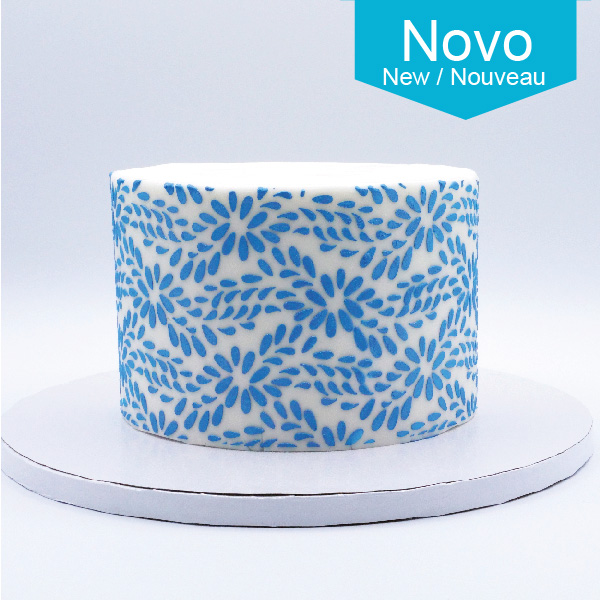Stencil Flor cilindro branco com padrão floral azul sobre base branca