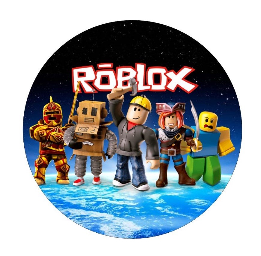 Impressão comestível redonda Roblox Cinco personagens do jogo Roblox em frente ao planeta Terra com o texto 'ROBLOX'