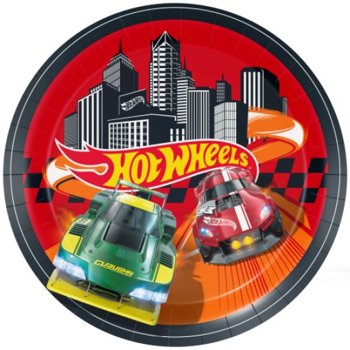 Prato de papel Hot Wheels com carros de corrida verde e vermelho