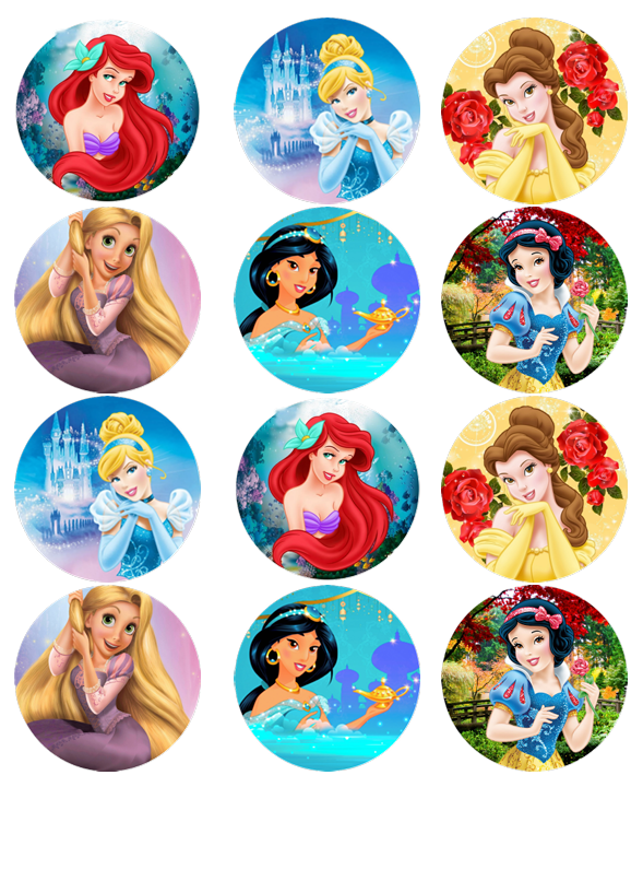 Impressão comestível Bolachas/Cupcakes Princesas Ilustrações coloridas de princesas Disney em círculos sobre fundo branco.