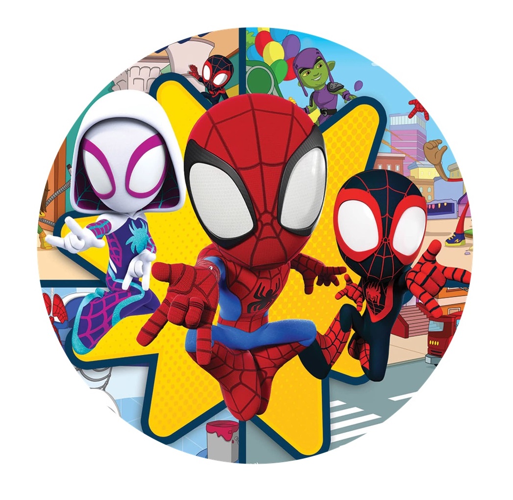 Impressão comestível Spidey e os amigos Imagem redonda dos personagens animados Spider-Man com fundo colorido de cidade.