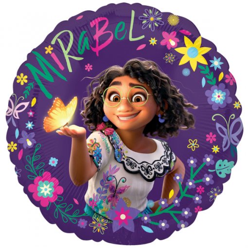 Balão redondo púrpura com personagem Mirabel rodeada por flores e borboletas