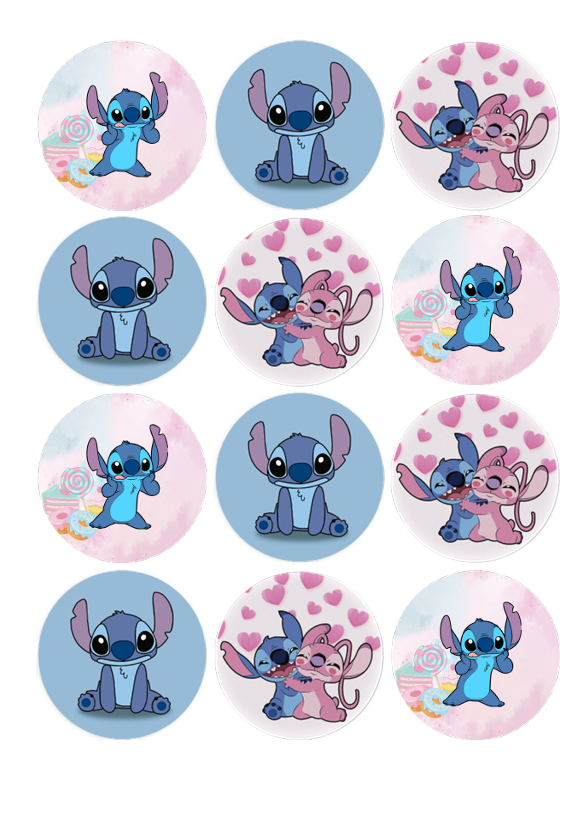 Impressão comestível Bolachas/Cupcakes Stitch Doze círculos com ilustrações dos personagens Stitch e Angel do filme Lilo & Stitch em fundos coloridos