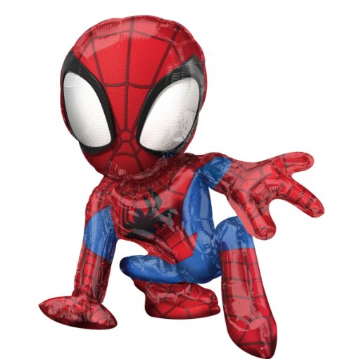 Boneco insuflável do Homem-Aranha em posição de ataque com padrão de teia