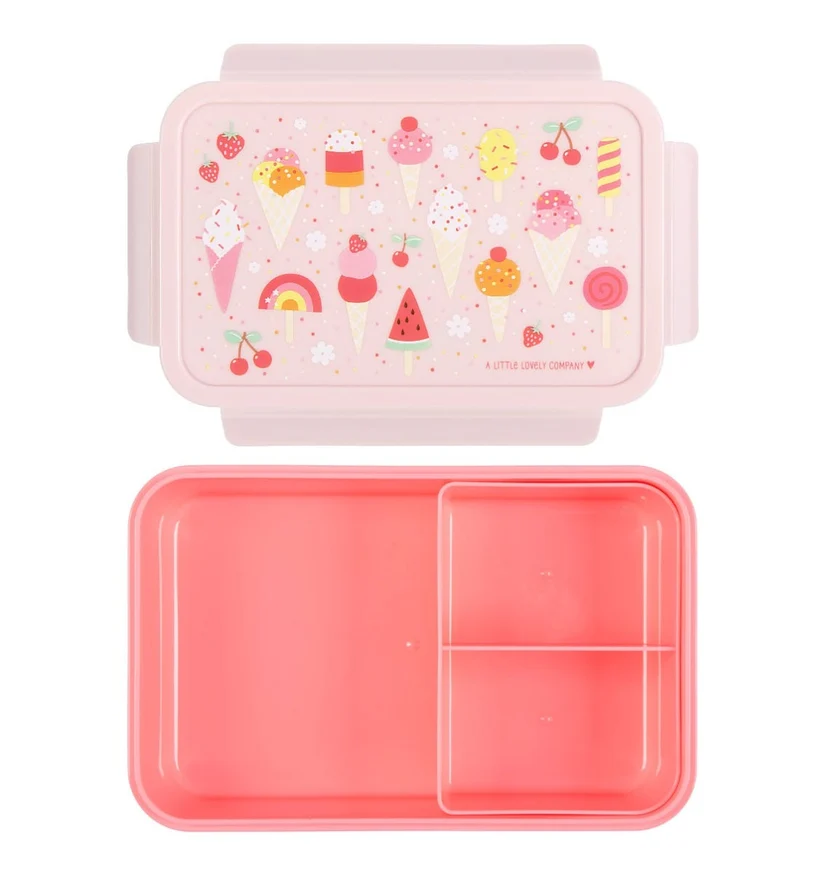 Lancheira Gelados Recipiente rosa com tampa ilustrada de gelados e frutas, com três compartimentos internos.