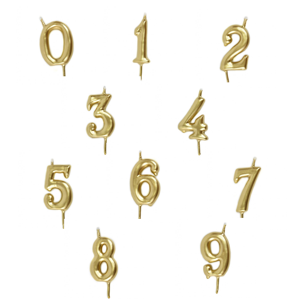Velas douradas em forma de números de 0 a 9 para bolos