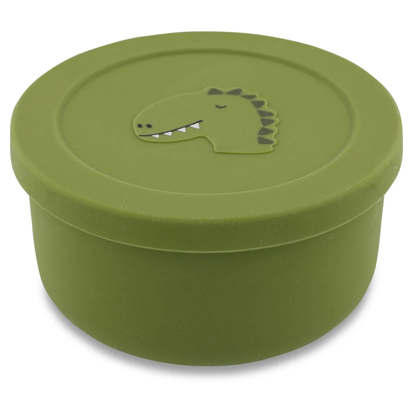 Recipiente de Silicone Snacks C/ Tampa – Mr. Dino Recipiente redondo verde com tampa e cabeça de dinossauro em relevo.