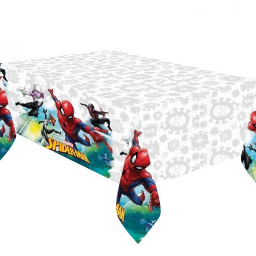 Toalha de mesa branca com estampado do Homem-Aranha nas bordas