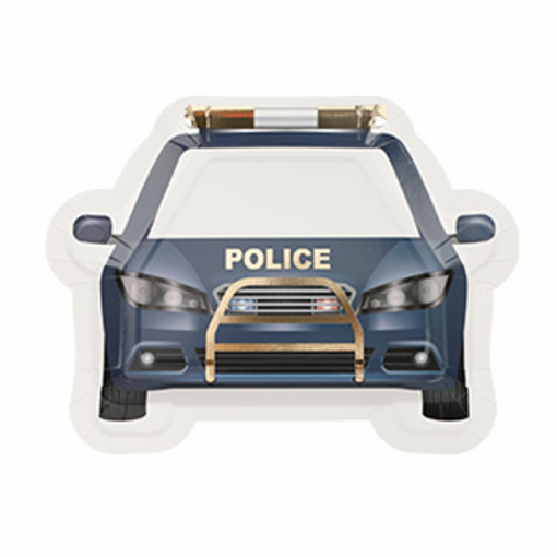 Balão em formato de carro de polícia azul e branco com texto POLICE