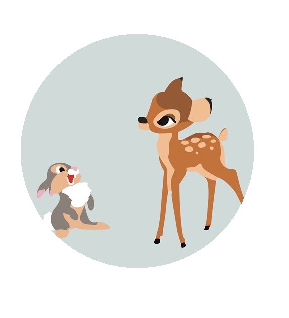 Impressão comestível redonda Bambi Desenho de veado castanho e coelho cinzento num fundo cinzento claro