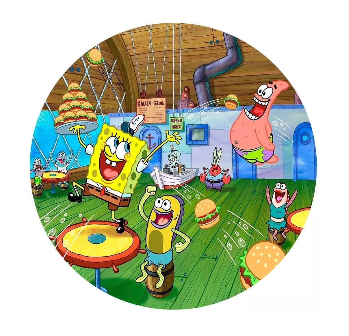Impressão comestível redonda Bob Esponja Personagens de Bob Esponja no Crustáceo Cascarudo com hambúrgueres e mesas verdes