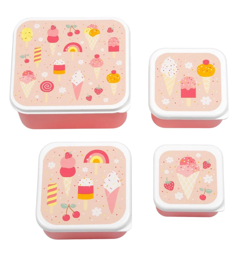Set 4 Lancheiras : Gelados Conjunto de caixas de armazenamento quadradas com tampas decoradas com gelados e frutas