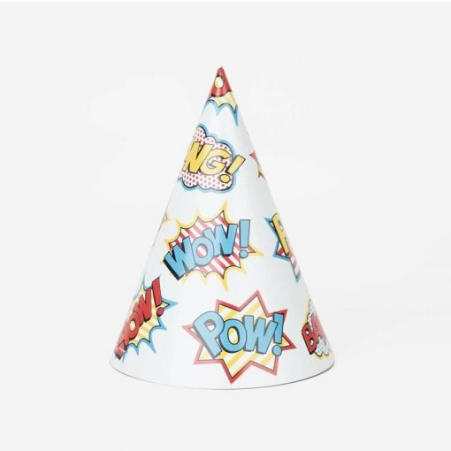 Chapéu de festa cónico em papel com palavras coloridas em estilo banda desenhada