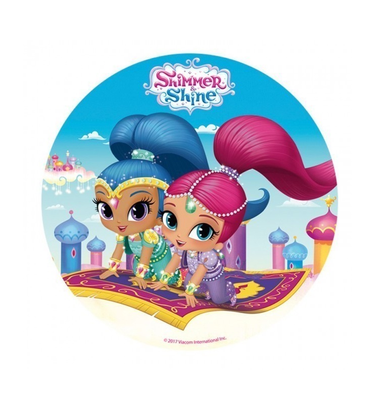 Impressão comestível shimmer and shine Dois personagens animados em tapete mágico com torres coloridas ao fundo e texto SHIMMER AND SHINE
