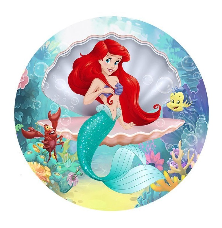 Impressão Comestível Ariel Pequena sereia Ariel com concha e amigos em fundo subaquático colorido