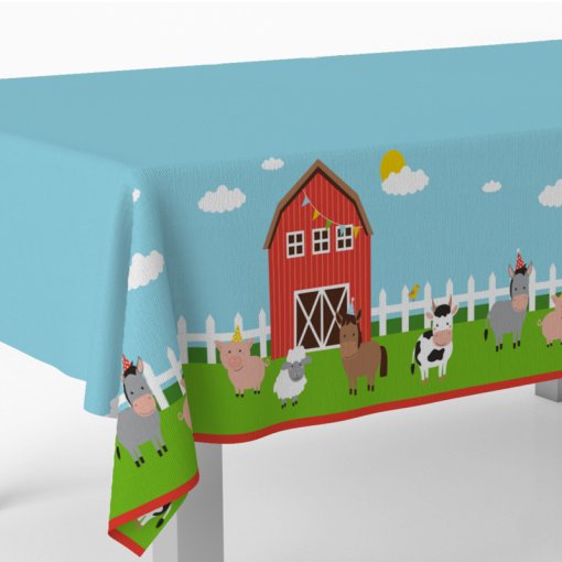 Toalha de mesa infantil com desenhos de animais da quinta, celeiro e cerca