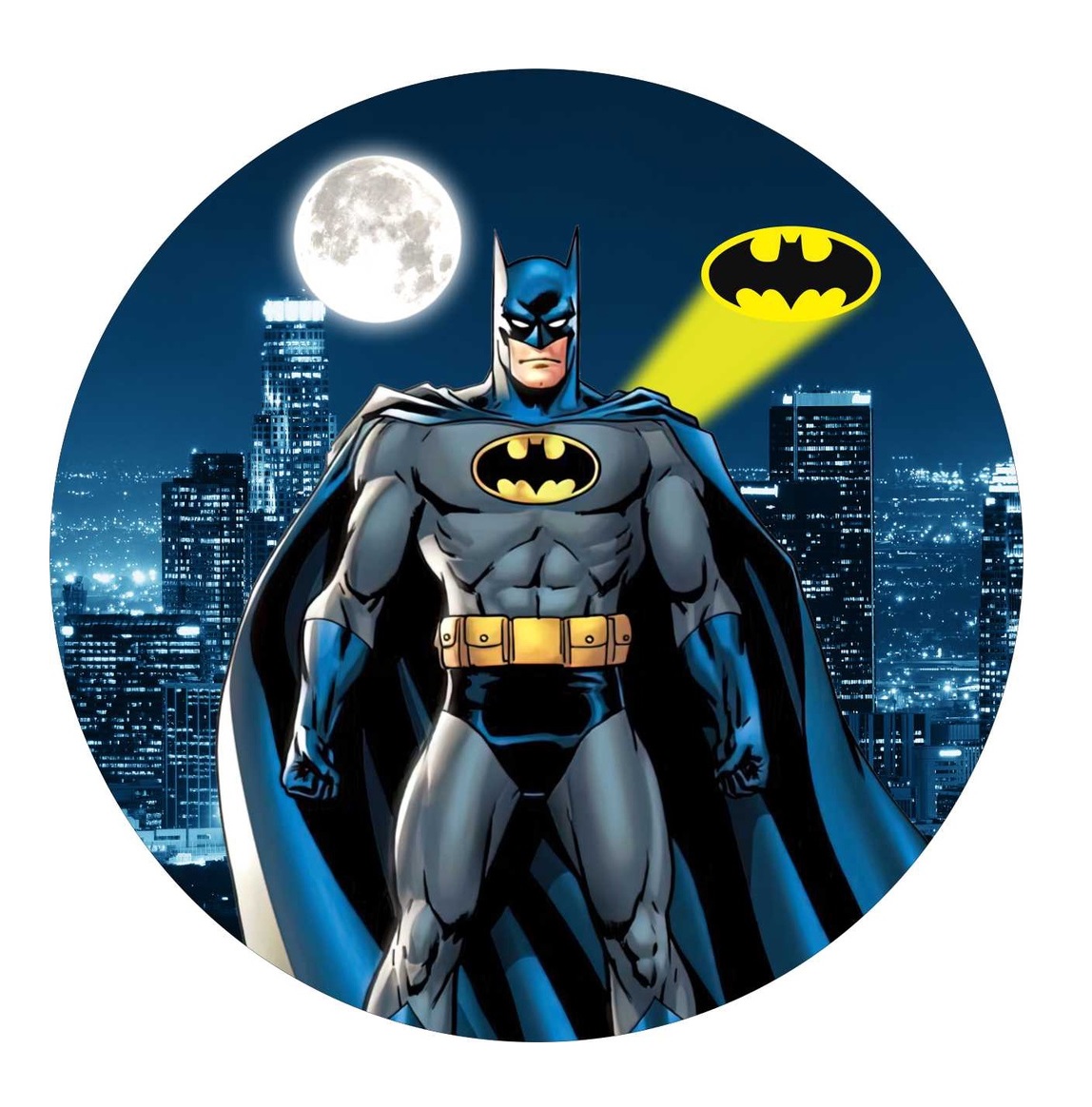 Impressão comestível Batman Imagem circular do Batman com sinal do morcego amarelo à noite