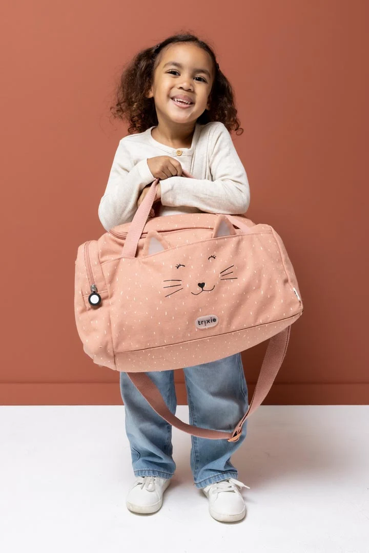 Mochila de ginástica infantil - Mrs. Cat Mala de viagem rosa com rosto de gato bordado