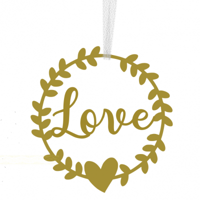 Enfeite decorativo dourado com a palavra Love e decoração de folhas e coração.