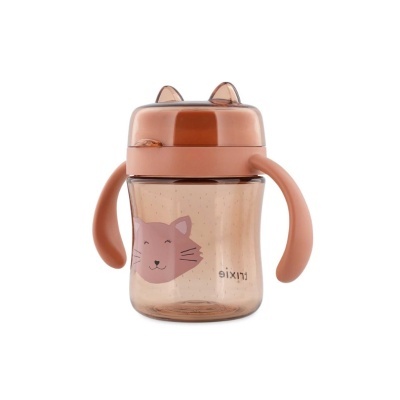 Copo translúcido castanho com ilustração de gato e tampas com orelhas