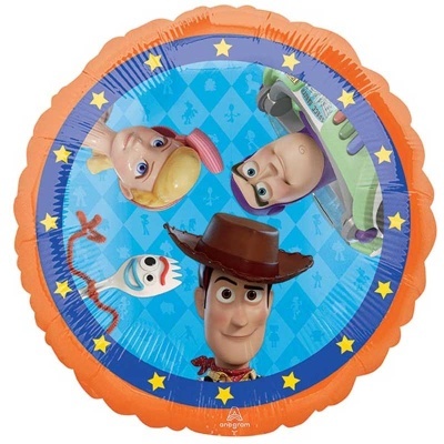 Balão redondo com personagens de Toy Story em fundo azul e borda laranja com estrelas amarelas.