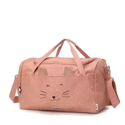 Saco de viagem rosa com rosto de gato estampado e alças