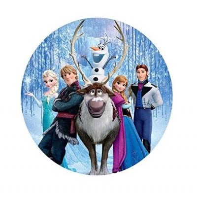 Personagens do Frozen num círculo com fundo de floresta e neve