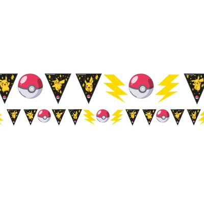 Guirlanda de festa com triângulos pretos com Pikachu, Pokébolas e símbolos de raio amarelos.