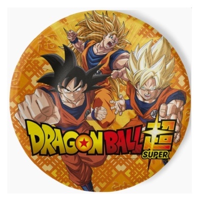 Prato redondo de plástico com personagens de Dragon Ball Super em fundo laranja.