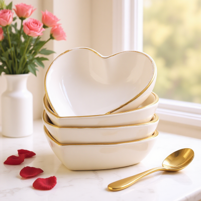 Conjunto de taças brancas com bordas douradas e colher dourada sobre superfície branca com flores ao fundo