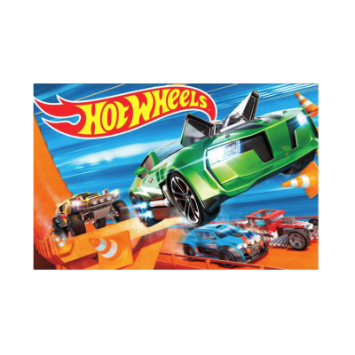 Carros de brinquedo Hot Wheels a correr numa pista laranja com cones
