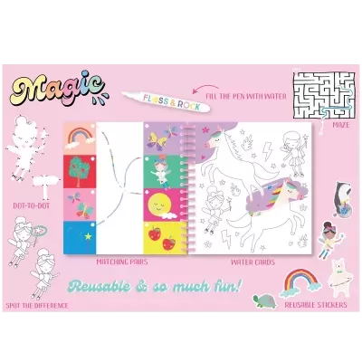 Livro de atividades infantil com caneta e autocolantes coloridos, fundo rosa.