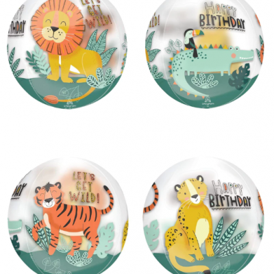 Bolas decorativas com desenhos de animais selvagens e texto de aniversário