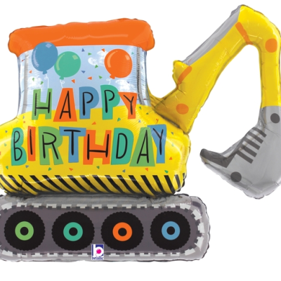 Balão de aniversário em forma de escavadora com texto Happy Birthday