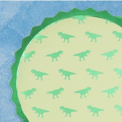 Prato redondo de papel com padrão de dinossauros verdes e borda verde