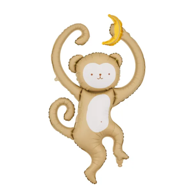 Balão macaco castanho claro com barriga e rosto brancos segurando banana amarela