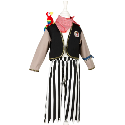 Fato de pirata infantil com colete preto, calças às riscas, bandana vermelha e papagaio de peluche no ombro