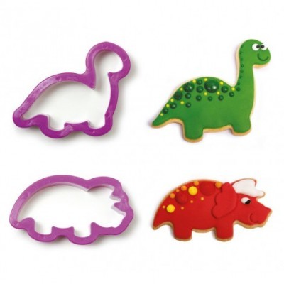 Conjunto de cortadores de bolacha e biscoitos decorados em forma de dinossauros.