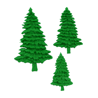 Três árvores de Natal decorativas verdes em material têxtil com textura em camadas