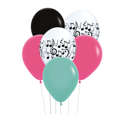 Seis balões coloridos com notas musicais e lisos
