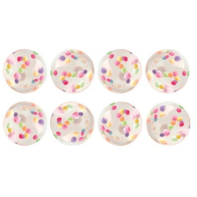 Oito bolas transparentes com confetes coloridos dentro, organizadas em duas filas.
