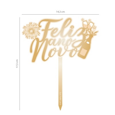 Topper de bolo dourado com 'Feliz Ano Novo' e símbolos de celebração