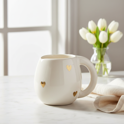 Caneca branca de cerâmica com corações dourados em mesa com pano e tulipas