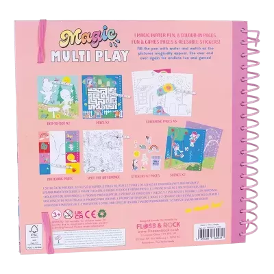 Livro de atividades Magic Multi Play com caneta mágica de água e várias páginas para colorir e jogos.