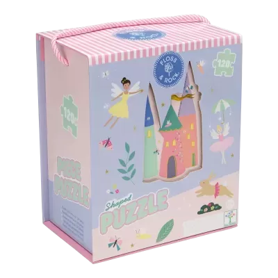 Caixa de puzzle colorida com design de fadas e casas e alça rosa