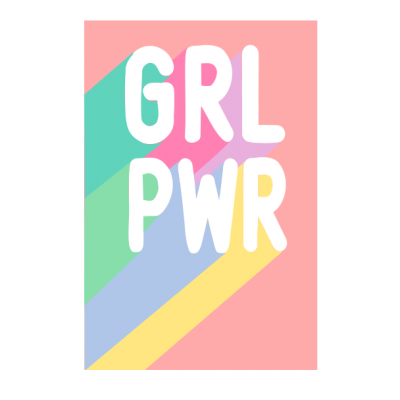 Cartaz cor de rosa com faixas coloridas e texto GRL PWR