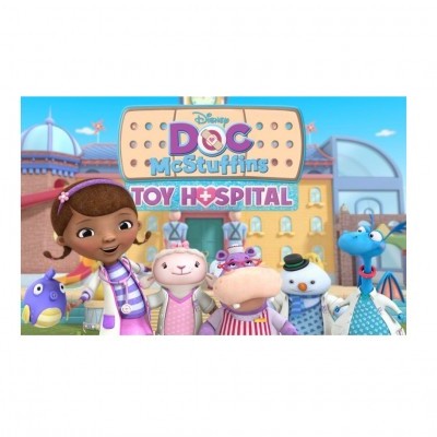 Cartaz da série Disney Doc McStuffins Toy Hospital com personagens animados coloridos em frente ao hospital.