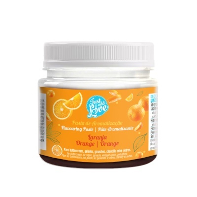 Pasta de aromatização sabor laranja em frasco branco com rótulo laranja