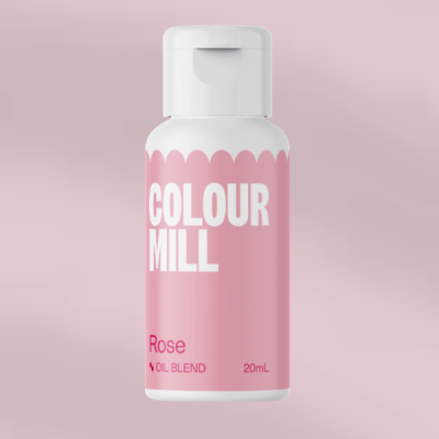 Frasco pequeno de plástico branco e rosa com tampa branca e rótulo COLOUR MILL