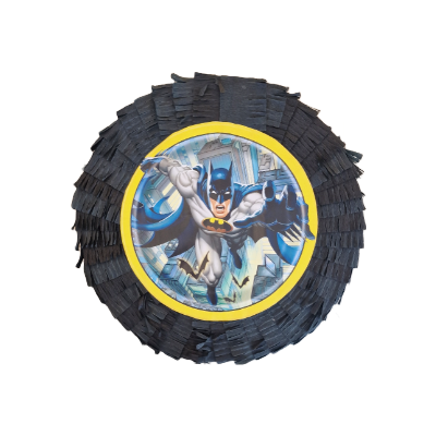 Piñata redonda preta com imagem do Batman no centro
